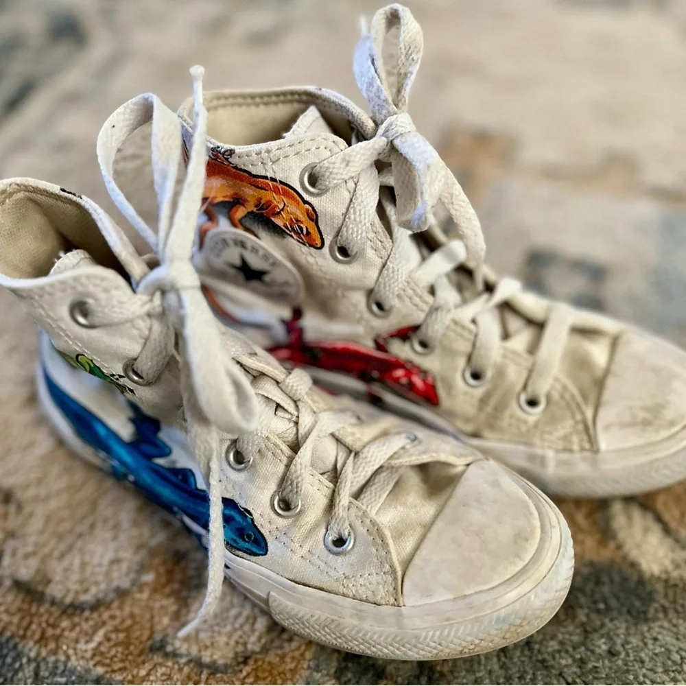 CONVERSE  All Star Kid White Blue High-Top Lizard Gecko Laces Shoes 13
